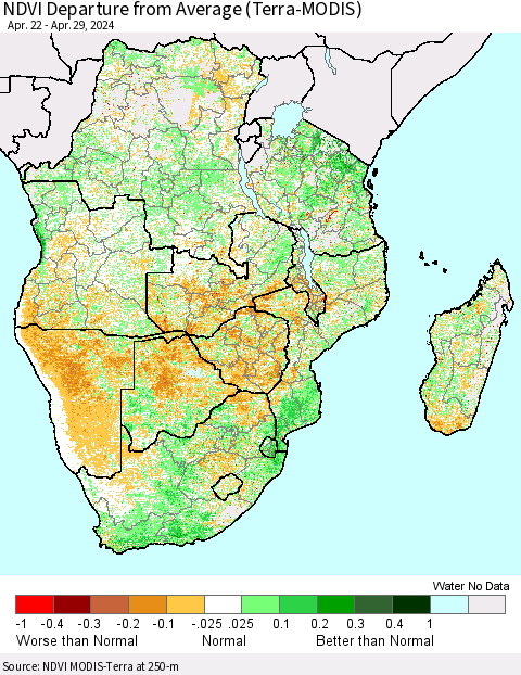 Southern Africa NDVI Departure from Average (Terra-MODIS) Thematic Map For 4/22/2024 - 4/29/2024