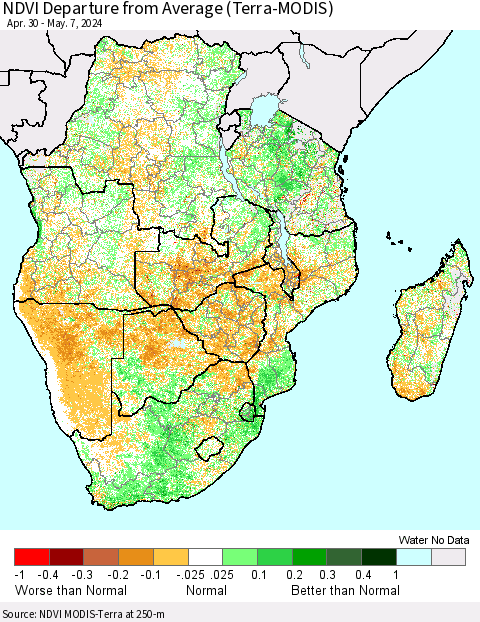 Southern Africa NDVI Departure from Average (Terra-MODIS) Thematic Map For 4/30/2024 - 5/7/2024