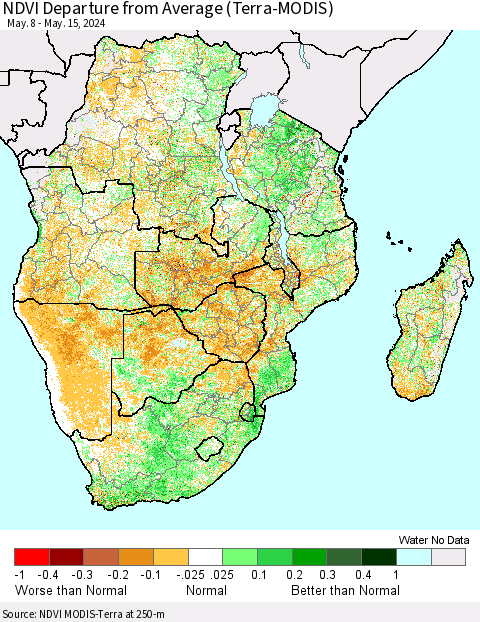 Southern Africa NDVI Departure from Average (Terra-MODIS) Thematic Map For 5/8/2024 - 5/15/2024