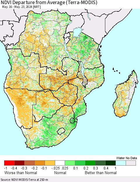 Southern Africa NDVI Departure from Average (Terra-MODIS) Thematic Map For 5/16/2024 - 5/23/2024