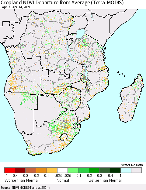 Southern Africa Cropland NDVI Departure from Average (Terra-MODIS) Thematic Map For 4/7/2021 - 4/14/2021