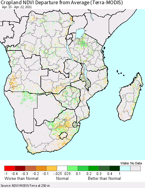 Southern Africa Cropland NDVI Departure from Average (Terra-MODIS) Thematic Map For 4/15/2021 - 4/22/2021