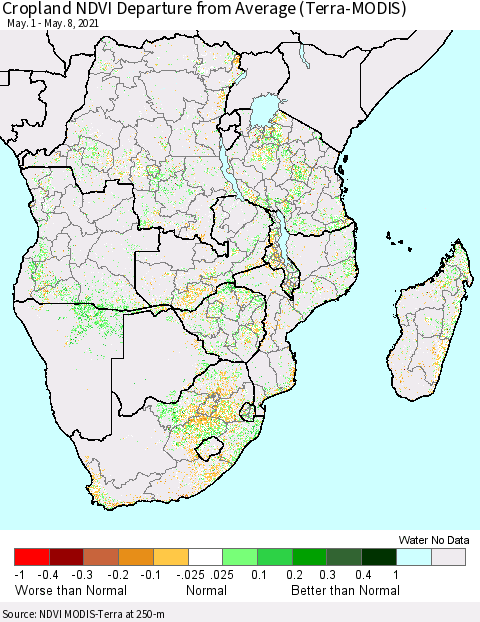 Southern Africa Cropland NDVI Departure from Average (Terra-MODIS) Thematic Map For 5/1/2021 - 5/8/2021
