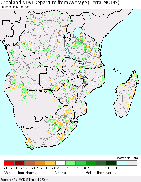 Southern Africa Cropland NDVI Departure from Average (Terra-MODIS) Thematic Map For 5/9/2021 - 5/16/2021