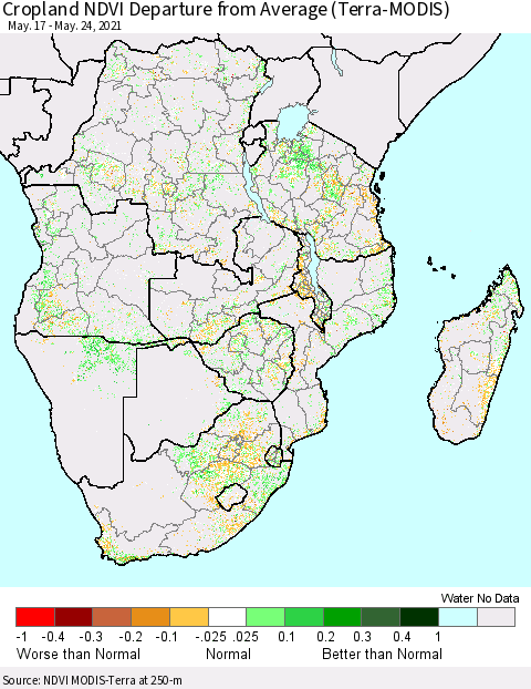 Southern Africa Cropland NDVI Departure from Average (Terra-MODIS) Thematic Map For 5/17/2021 - 5/24/2021