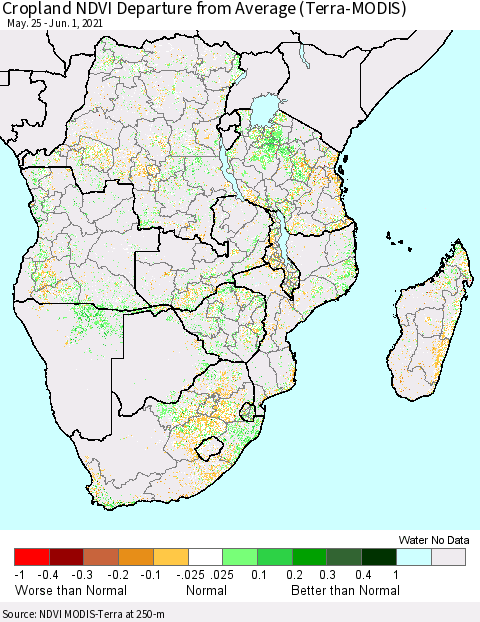 Southern Africa Cropland NDVI Departure from Average (Terra-MODIS) Thematic Map For 5/25/2021 - 6/1/2021