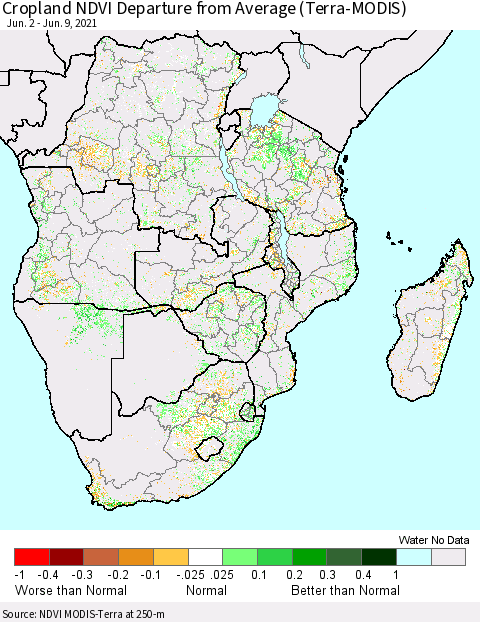 Southern Africa Cropland NDVI Departure from Average (Terra-MODIS) Thematic Map For 6/2/2021 - 6/9/2021