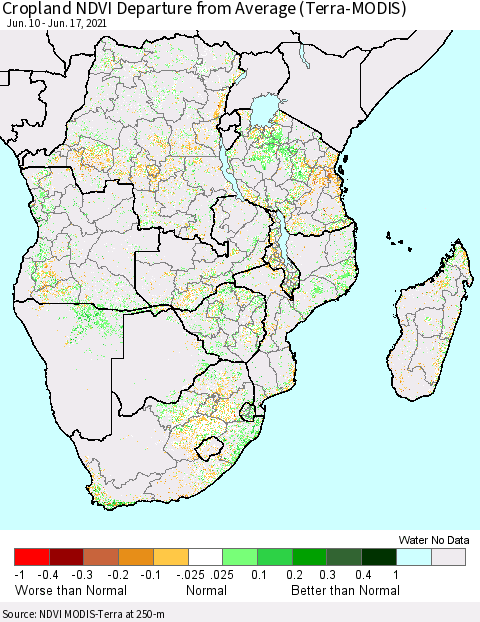 Southern Africa Cropland NDVI Departure from Average (Terra-MODIS) Thematic Map For 6/10/2021 - 6/17/2021