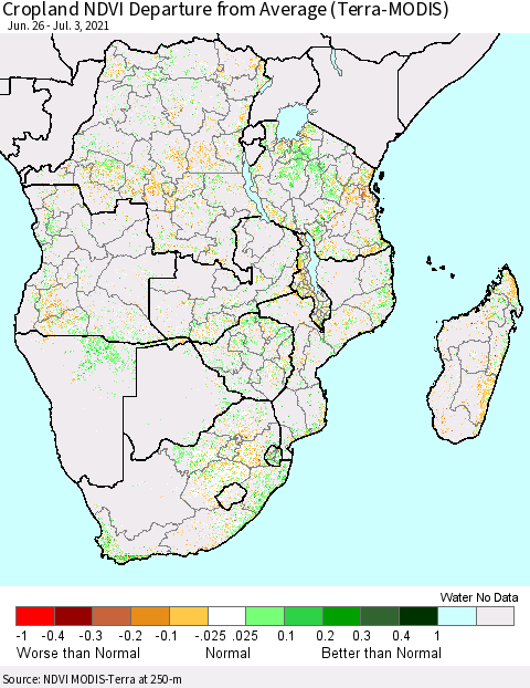 Southern Africa Cropland NDVI Departure from Average (Terra-MODIS) Thematic Map For 6/26/2021 - 7/3/2021