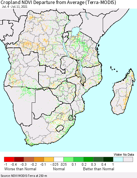 Southern Africa Cropland NDVI Departure from Average (Terra-MODIS) Thematic Map For 7/4/2021 - 7/11/2021