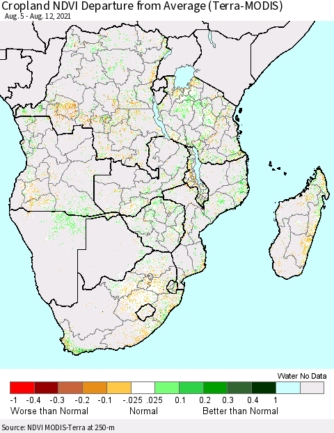 Southern Africa Cropland NDVI Departure from Average (Terra-MODIS) Thematic Map For 8/5/2021 - 8/12/2021