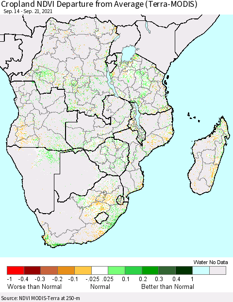 Southern Africa Cropland NDVI Departure from Average (Terra-MODIS) Thematic Map For 9/14/2021 - 9/21/2021