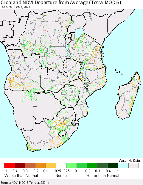 Southern Africa Cropland NDVI Departure from Average (Terra-MODIS) Thematic Map For 9/30/2021 - 10/7/2021