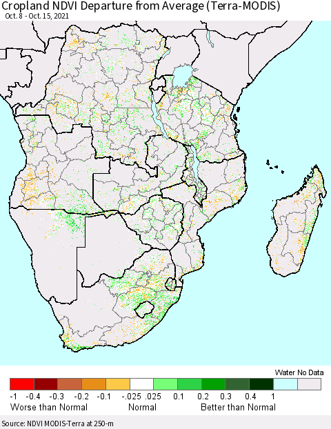 Southern Africa Cropland NDVI Departure from Average (Terra-MODIS) Thematic Map For 10/8/2021 - 10/15/2021