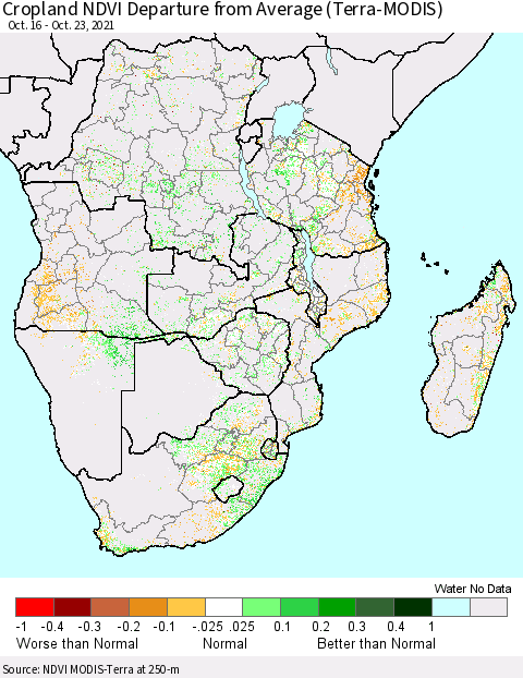 Southern Africa Cropland NDVI Departure from Average (Terra-MODIS) Thematic Map For 10/16/2021 - 10/23/2021