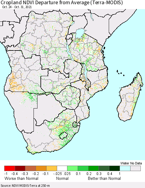 Southern Africa Cropland NDVI Departure from Average (Terra-MODIS) Thematic Map For 10/24/2021 - 10/31/2021