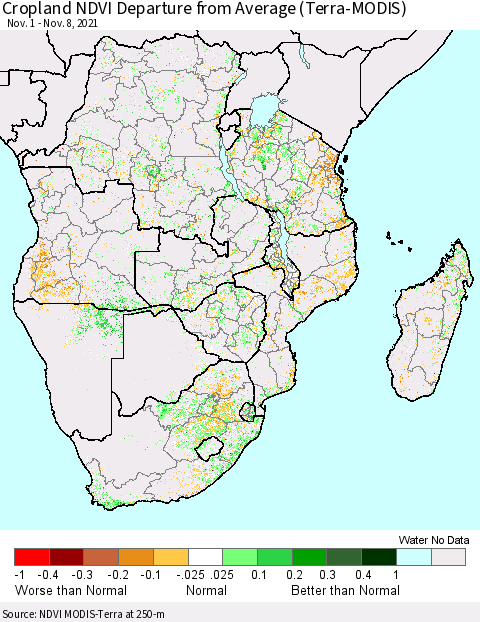 Southern Africa Cropland NDVI Departure from Average (Terra-MODIS) Thematic Map For 11/1/2021 - 11/8/2021
