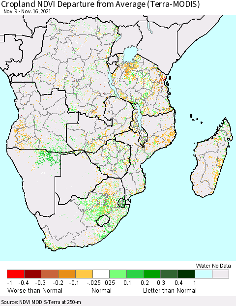 Southern Africa Cropland NDVI Departure from Average (Terra-MODIS) Thematic Map For 11/9/2021 - 11/16/2021
