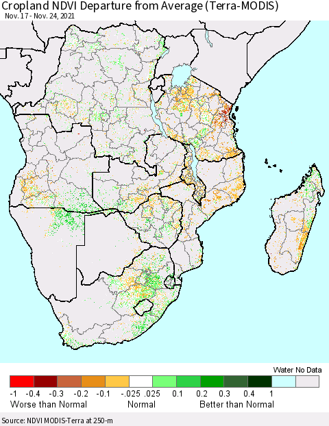 Southern Africa Cropland NDVI Departure from Average (Terra-MODIS) Thematic Map For 11/17/2021 - 11/24/2021