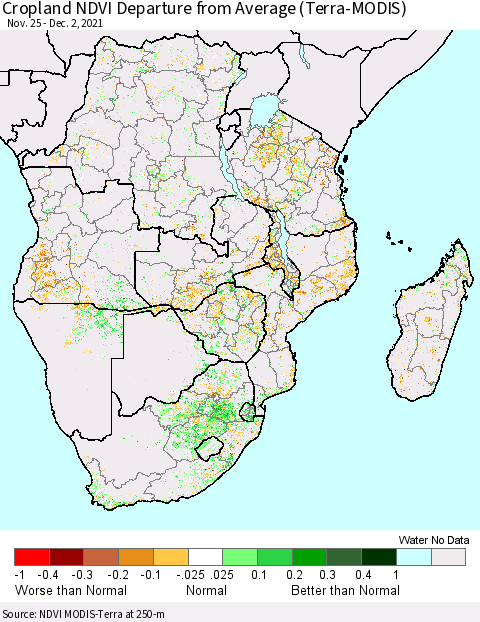 Southern Africa Cropland NDVI Departure from Average (Terra-MODIS) Thematic Map For 11/25/2021 - 12/2/2021