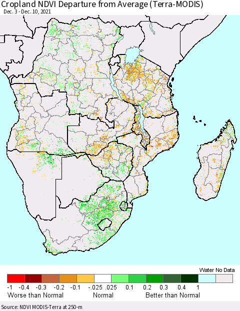 Southern Africa Cropland NDVI Departure from Average (Terra-MODIS) Thematic Map For 12/3/2021 - 12/10/2021