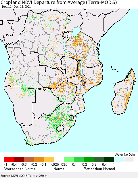 Southern Africa Cropland NDVI Departure from Average (Terra-MODIS) Thematic Map For 12/11/2021 - 12/18/2021