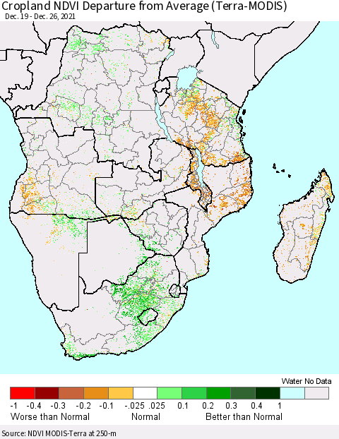 Southern Africa Cropland NDVI Departure from Average (Terra-MODIS) Thematic Map For 12/19/2021 - 12/26/2021