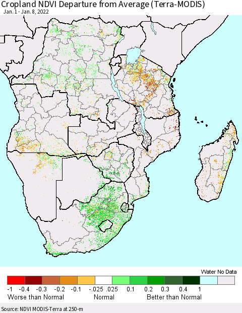 Southern Africa Cropland NDVI Departure from Average (Terra-MODIS) Thematic Map For 1/1/2022 - 1/8/2022