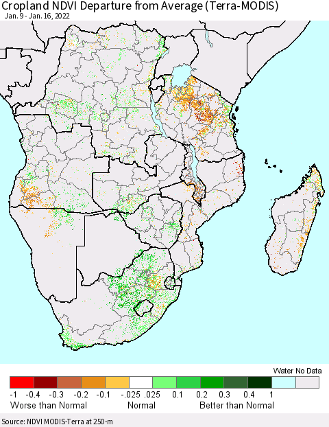 Southern Africa Cropland NDVI Departure from Average (Terra-MODIS) Thematic Map For 1/9/2022 - 1/16/2022