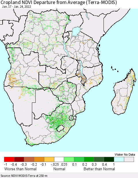 Southern Africa Cropland NDVI Departure from Average (Terra-MODIS) Thematic Map For 1/17/2022 - 1/24/2022