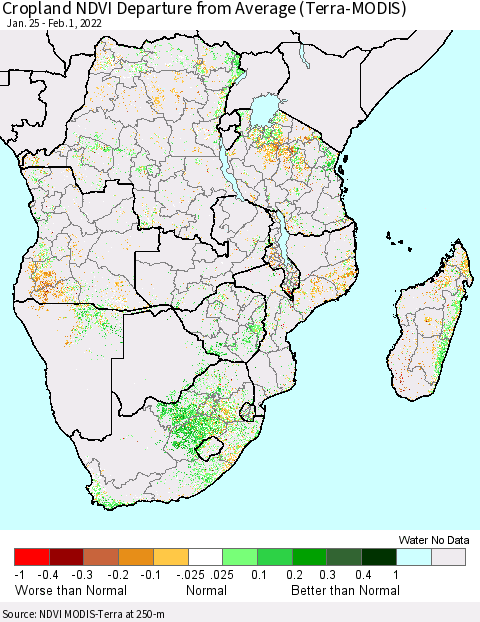 Southern Africa Cropland NDVI Departure from Average (Terra-MODIS) Thematic Map For 1/25/2022 - 2/1/2022