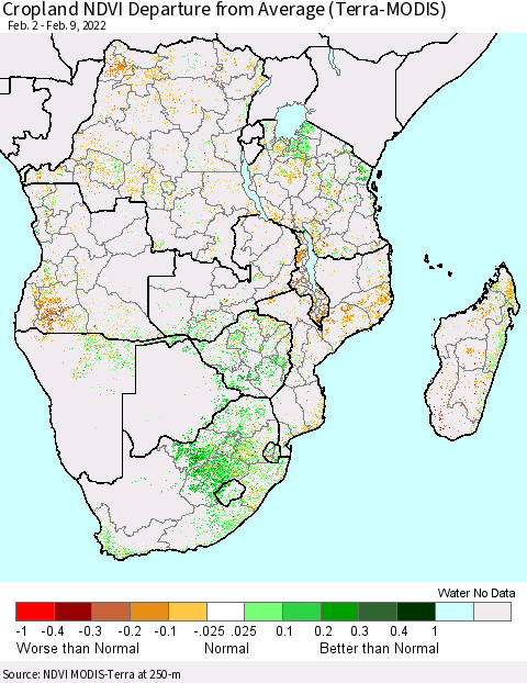 Southern Africa Cropland NDVI Departure from Average (Terra-MODIS) Thematic Map For 2/2/2022 - 2/9/2022