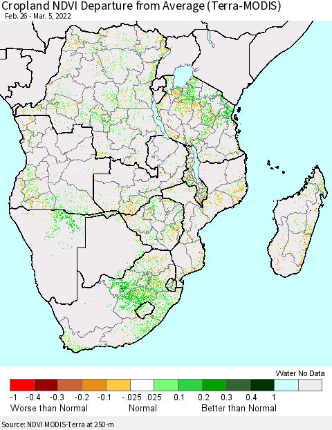 Southern Africa Cropland NDVI Departure from Average (Terra-MODIS) Thematic Map For 2/26/2022 - 3/5/2022