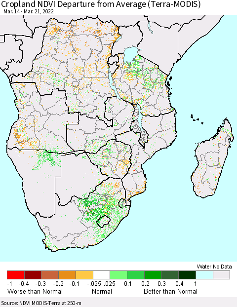 Southern Africa Cropland NDVI Departure from Average (Terra-MODIS) Thematic Map For 3/14/2022 - 3/21/2022