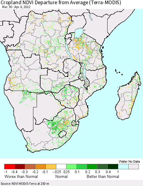 Southern Africa Cropland NDVI Departure from Average (Terra-MODIS) Thematic Map For 3/30/2022 - 4/6/2022