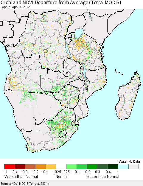 Southern Africa Cropland NDVI Departure from Average (Terra-MODIS) Thematic Map For 4/7/2022 - 4/14/2022