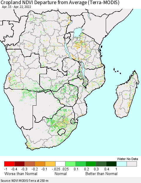 Southern Africa Cropland NDVI Departure from Average (Terra-MODIS) Thematic Map For 4/15/2022 - 4/22/2022
