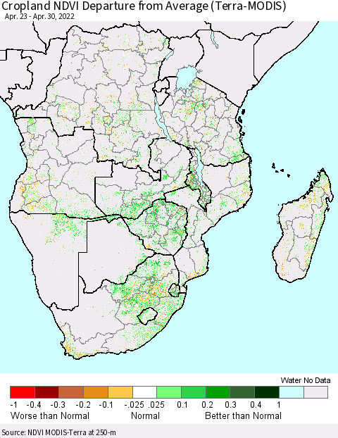 Southern Africa Cropland NDVI Departure from Average (Terra-MODIS) Thematic Map For 4/23/2022 - 4/30/2022