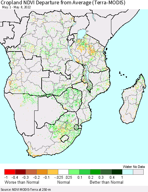 Southern Africa Cropland NDVI Departure from Average (Terra-MODIS) Thematic Map For 5/1/2022 - 5/8/2022