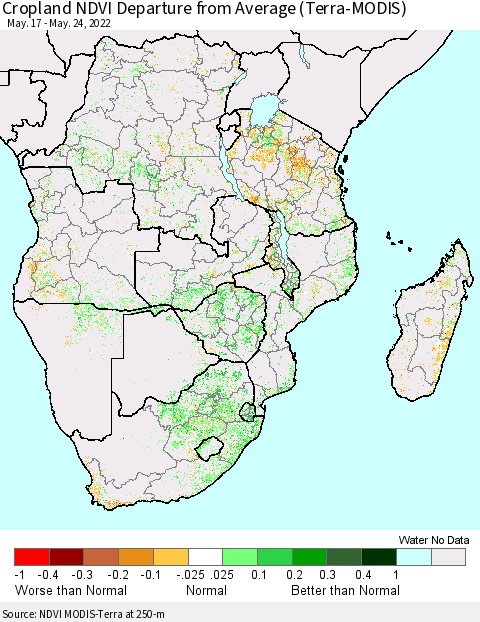 Southern Africa Cropland NDVI Departure from Average (Terra-MODIS) Thematic Map For 5/17/2022 - 5/24/2022