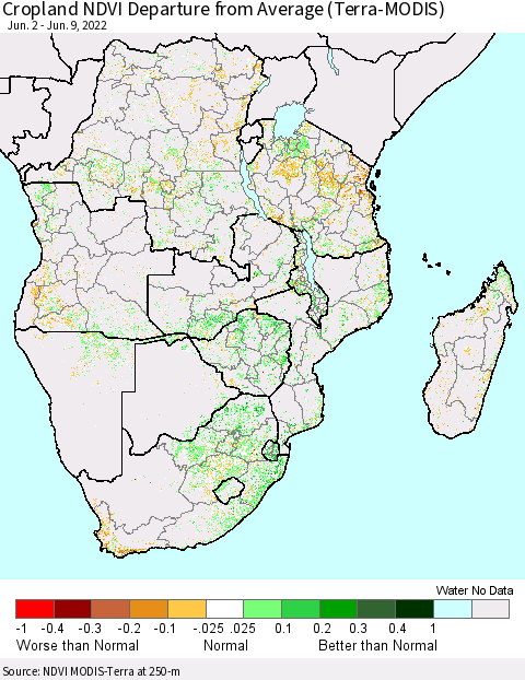 Southern Africa Cropland NDVI Departure from Average (Terra-MODIS) Thematic Map For 6/2/2022 - 6/9/2022