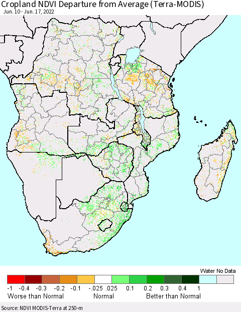 Southern Africa Cropland NDVI Departure from Average (Terra-MODIS) Thematic Map For 6/10/2022 - 6/17/2022