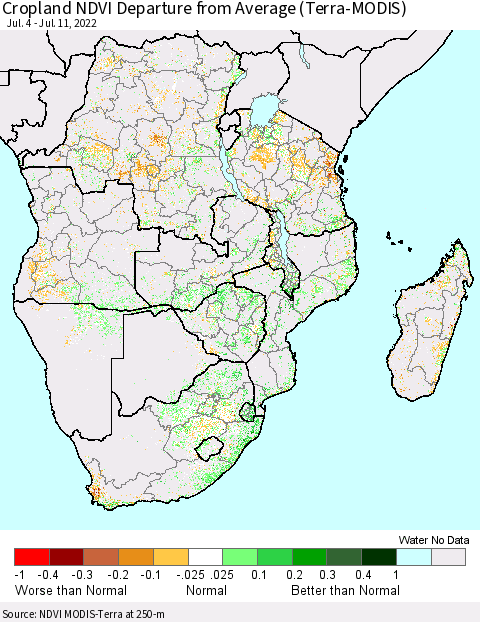 Southern Africa Cropland NDVI Departure from Average (Terra-MODIS) Thematic Map For 7/4/2022 - 7/11/2022