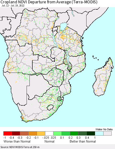 Southern Africa Cropland NDVI Departure from Average (Terra-MODIS) Thematic Map For 7/12/2022 - 7/19/2022