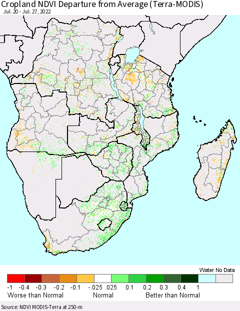 Southern Africa Cropland NDVI Departure from Average (Terra-MODIS) Thematic Map For 7/20/2022 - 7/27/2022