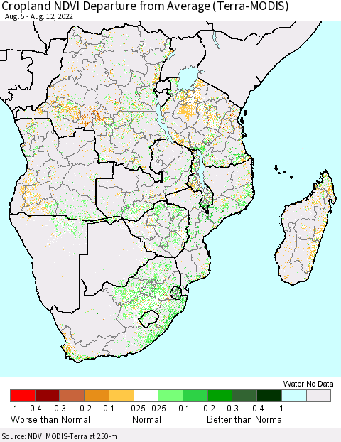 Southern Africa Cropland NDVI Departure from Average (Terra-MODIS) Thematic Map For 8/5/2022 - 8/12/2022