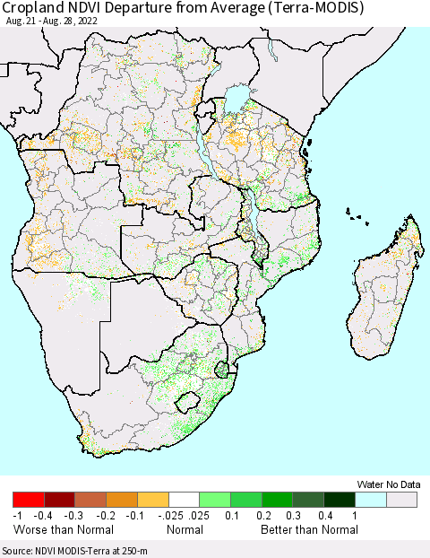 Southern Africa Cropland NDVI Departure from Average (Terra-MODIS) Thematic Map For 8/21/2022 - 8/28/2022