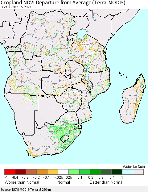 Southern Africa Cropland NDVI Departure from Average (Terra-MODIS) Thematic Map For 10/8/2022 - 10/15/2022