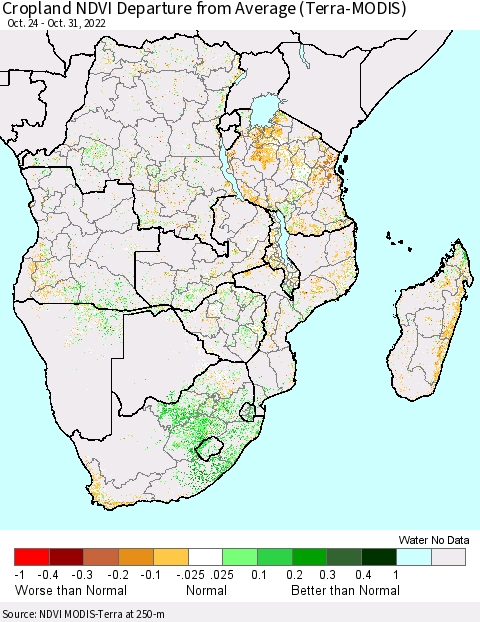 Southern Africa Cropland NDVI Departure from Average (Terra-MODIS) Thematic Map For 10/24/2022 - 10/31/2022