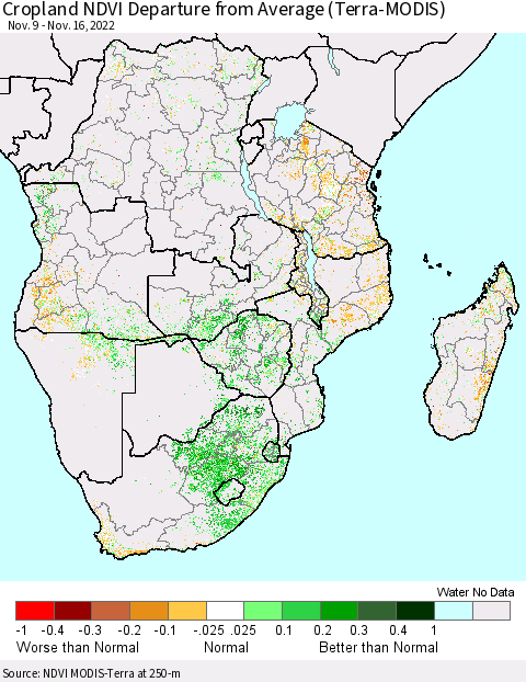 Southern Africa Cropland NDVI Departure from Average (Terra-MODIS) Thematic Map For 11/9/2022 - 11/16/2022